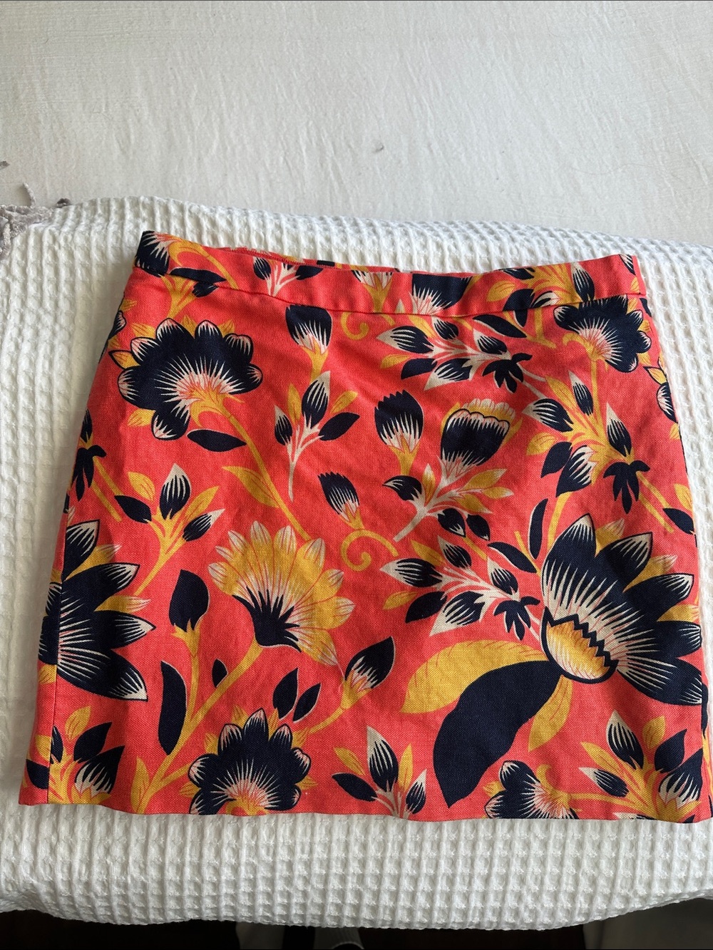 J. Crew linen Coral Floral Mini Skirt with Navy & Yellow Accents